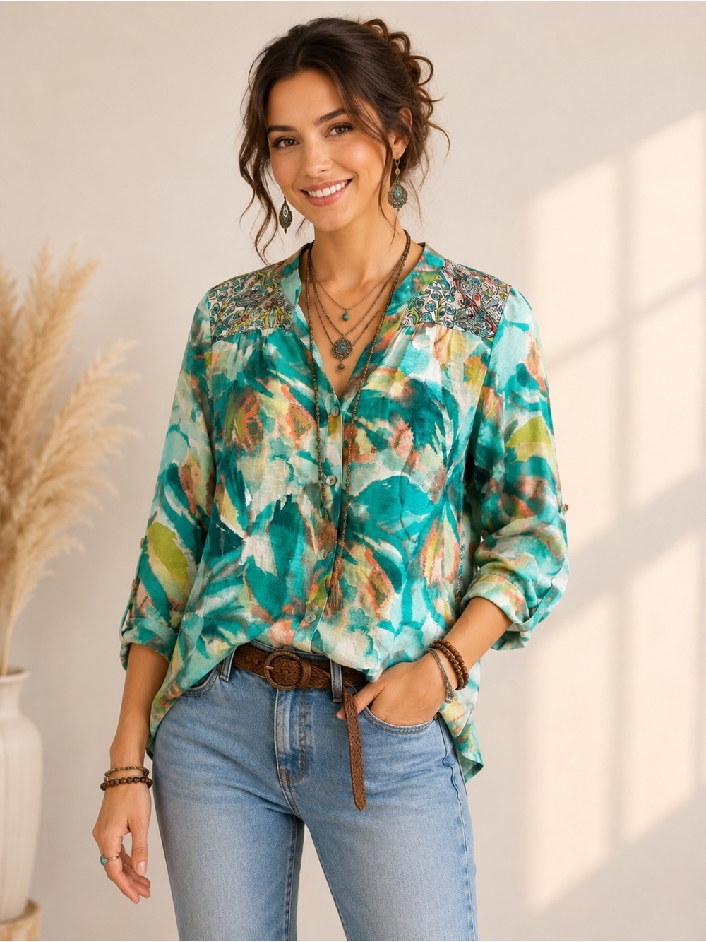 Figueroa & Flower button-front blouse watercolor abstract floral paisley size PM